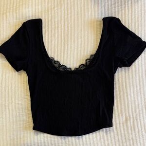 Bozzolo Black Ribbed Lace-Trim Scoop Crop Top